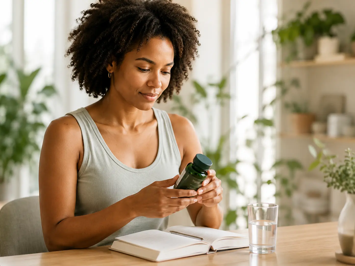 A woman reading the label on a supplement bottle at her kitchen table