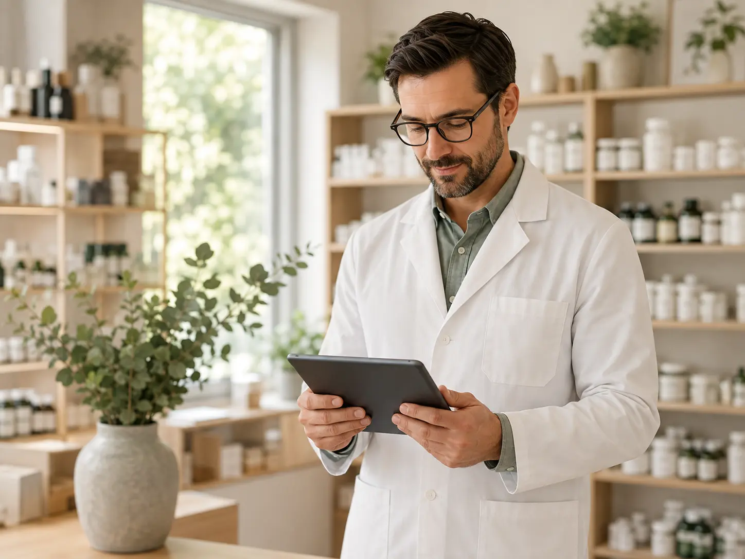 A practitioner reviewing an order on a tablet in a dispensary