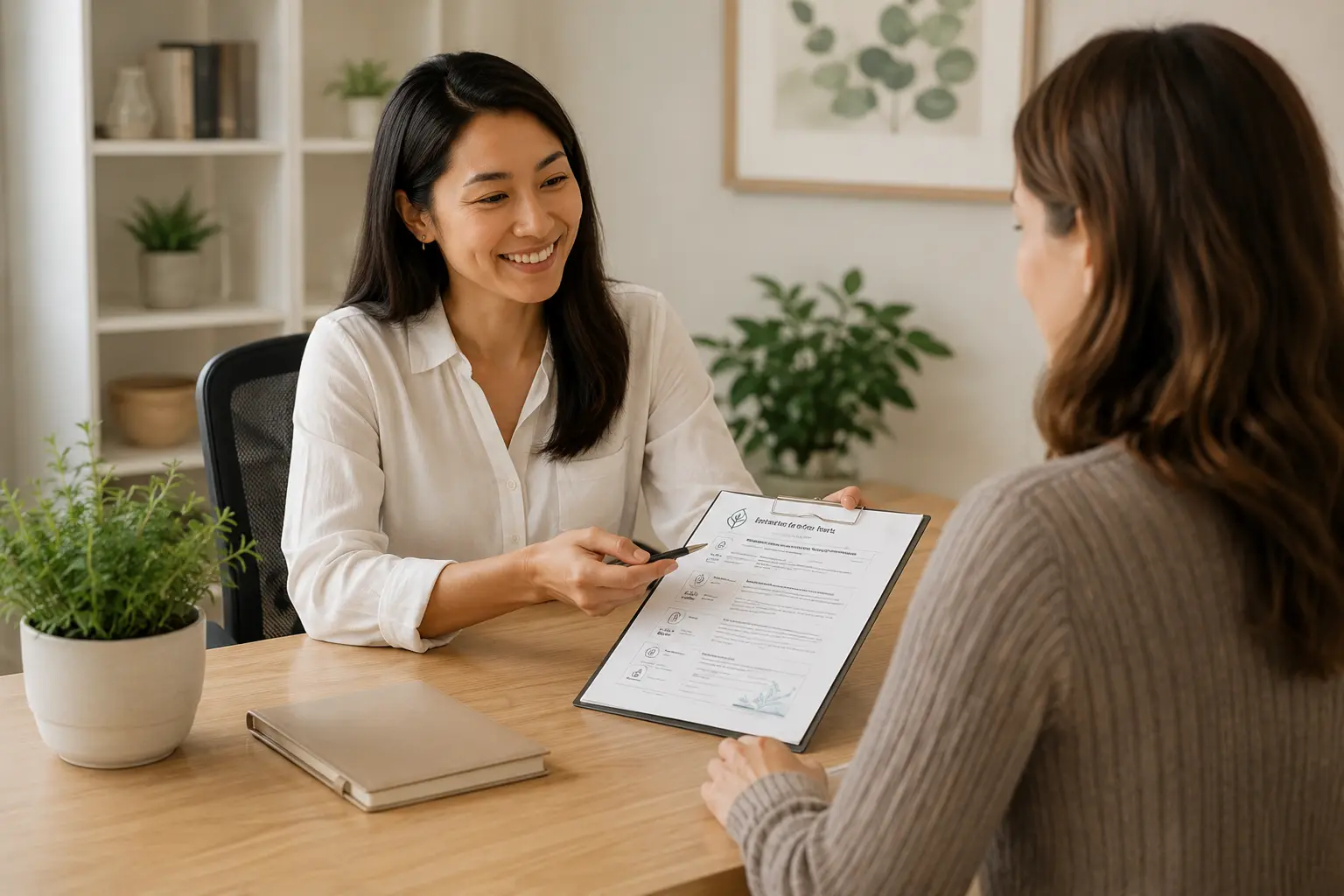 A specialist talking a client through her plan across a desk