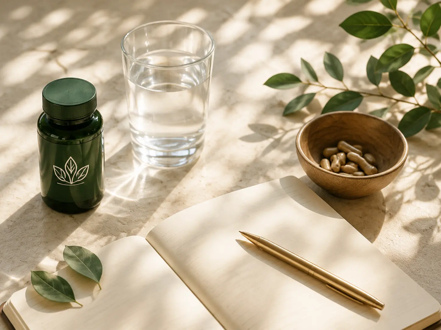 A supplement bottle, a glass of water and an open notebook on a sunlit table