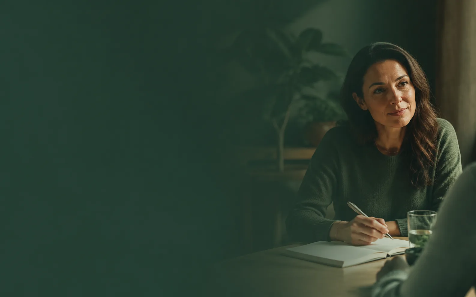 A wellness specialist listening and taking notes across a table