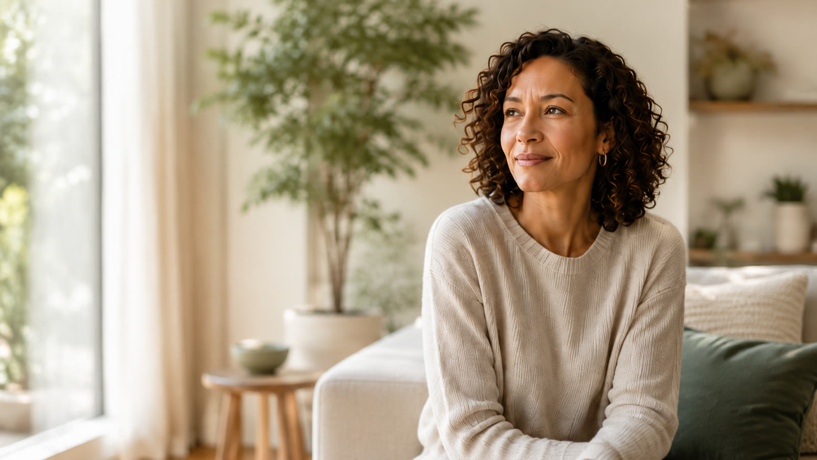 Woman with curly hair in a cream sweater, seated by a sunny window